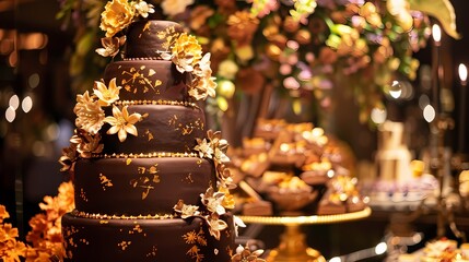 Opulent chocolate birthday cake embellished with edible gold leaf and cascading sugar flowers,...