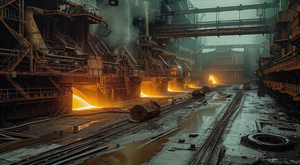 A steel mill with a lot of hot steel. Generative AI.