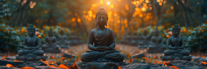 fire in the lake,
Many Statue Buddha image at sunset in southern o