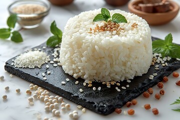 product photography of A round mound on a black serving board with rice and millet grains scattered...