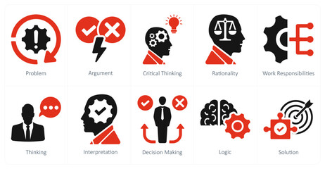 A set of 10 critical thinking icons as problem, argument, critical thinking