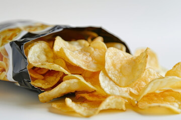 Single-serving bag of potato chips, photographed in isolation on a plain white surface