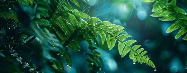 background banner with ferns and raindrops
