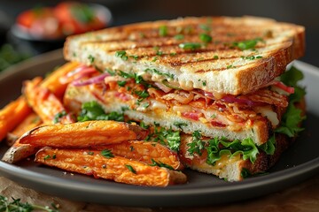 food photography of a club sandwich and sweet potato fries on a plate