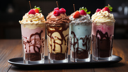 Trio of chocolate, strawberry, and vanilla ice cream milkshakes with mint and raspberries