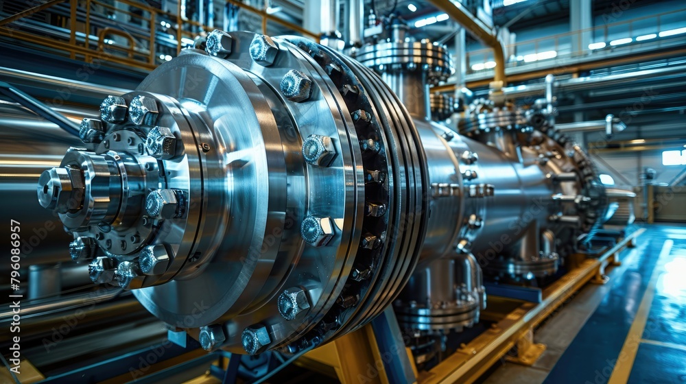 Poster a large chrome industrial gas compressor with a lot of gears inside. generative ai.
