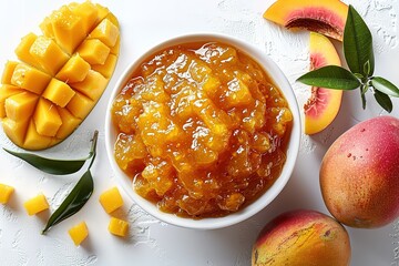 Mango chutney in a white bowl isolated on a transparent background, with mango and slices of mangos next to it