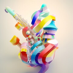A composition featuring the elegant curves of a clarinet alongside colorful marching band uniforms   low poly