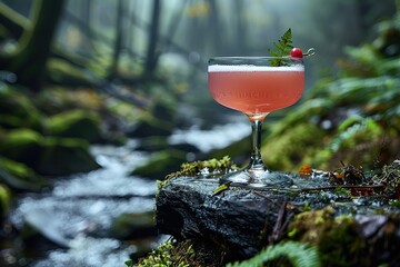 pink cocktail in coupe glass, on top of black rock next to river with green moss and misty water
