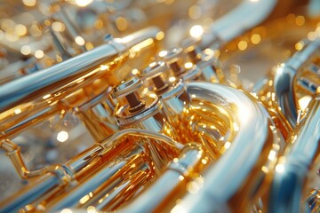 Focus on the shine of the brass finish on a marching band instrument