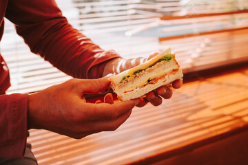 Male hands holding double sandwich with egg and fish on window background. Delicious toast for breakfast