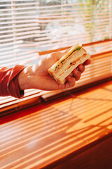 Male hand holding tuna sandwich against sunlight background. Toast for breakfast