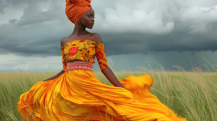 An African woman wearing vibrant yellow and red dress, with her hair in a traditional turban style. She is twirling around on the grassy plains, with dark storm clouds overhead. Generative AI.