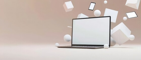 3D Rendering of Flying Blank Screen Laptop, Smart Phone and Geometric Shapes. Minimal Technology Concept. Blank Screen. Zero Gravity.