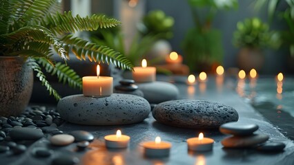 Creating a Relaxing Spa Atmosphere with Candles, Hot Stones, Ferns, and Massage Therapy. Concept Spa Ambiance, Aromatherapy Candles, Warm Stone Massage, Relaxing Ferns, Massage Therapy