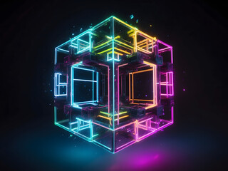 Hypercube Tesseract neon glowing math solid shape, stunning beauty of mathematical realm