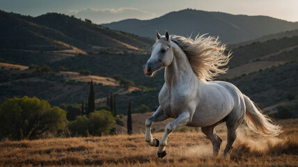 A regal Andalusian stallion striking a dramatic pose against a backdrop of rolling hills2. Generated AI.