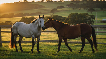 Obraz premium A group of sleek Thoroughbreds frolicking playfully in a lush green paddock. Generated AI.