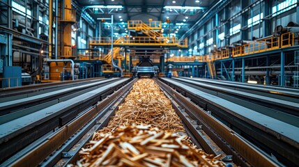 A wood waste recycling machinery in a factory. Large industrial machine processing wood into reusable materials. Busy factory floor with conveyor belts. Generative AI.