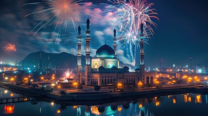 fireworks beautiful night view of the famous mosque, the most famous