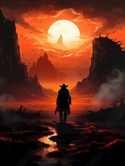 A lone cowboy walks through a desolate desert landscape. The sky is a deep red.