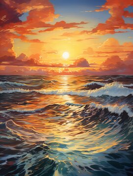 A painting of a beautiful sunset over the ocean. The sky is a bright orange and yellow, and the sun is just sinking below the horizon. The waves are a deep blue and green, and they are crashing agains
