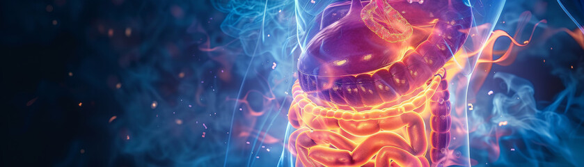 An illustration of the human digestive system with a blue and purple background. - obrazy, fototapety, plakaty