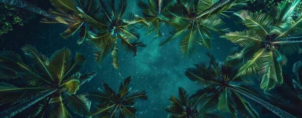 The starry sky and the green leaves of coconut trees - obrazy, fototapety, plakaty