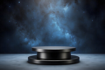 Empty black metallic podium on a blue star galaxy background design for product presentation. - obrazy, fototapety, plakaty