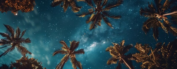 The starry sky and the green leaves of coconut trees - obrazy, fototapety, plakaty