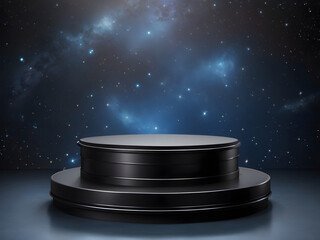 Empty black metallic podium on a blue star galaxy background design for product presentation. - obrazy, fototapety, plakaty
