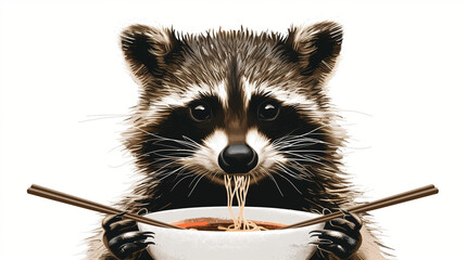 A photorealistic image of a cute raccoon enjoying a bowl of ramen noodles. The raccoon is isolated against a white background, with strong contours highlighting its adorable features and the details 