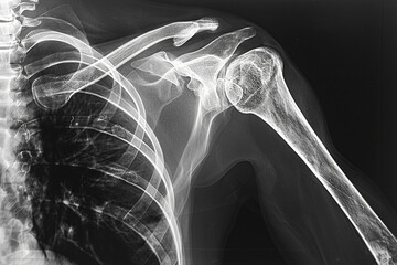 Radiograph depicting artificial joint replacement of the shoulder - obrazy, fototapety, plakaty