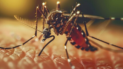 Aedes aegypti mosquito sucks human blood. dangerous mosquito virus in human skin, Maedes hemorrhagic fever virus.