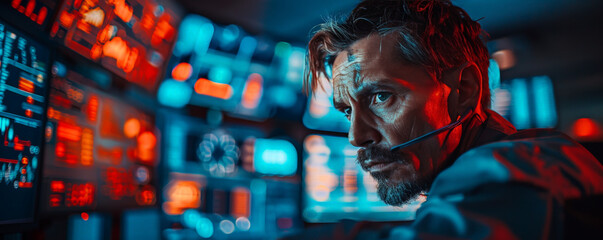 Suspenseful depiction of a man in a high-tech bunker, screens displaying fluctuating crypto rates during a cyber robbery, photorealistic,advertising photography, realistic photography, hd, cinematic l
