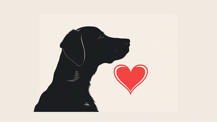 Silhouette of a dog's profile with a red heart, depicting love for pets. - obrazy, fototapety, plakaty