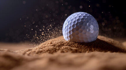 Golf ball on sandy surface with sand particles suspended in air, suggesting motion and impact. - obrazy, fototapety, plakaty