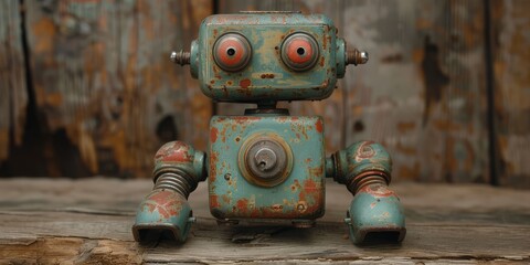 Antique toy robot winds up, stomping its mechanical feet to a jolly, bygone melody - obrazy, fototapety, plakaty