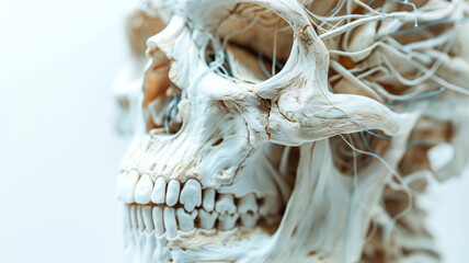 Close-up of a human skull with intricate nerve structures, highlighting anatomical complexity. - obrazy, fototapety, plakaty