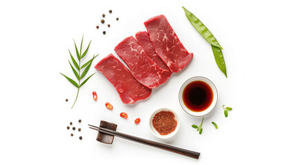 Fresh raw steaks with soy sauce, chili, and spices on a white background, ready for cooking. - obrazy, fototapety, plakaty