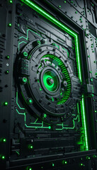 Fototapeta premium Techsavvy robber, digital vault door opening, green and black color scheme, angled view