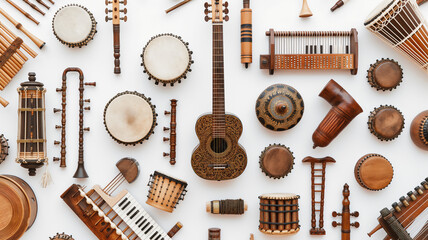 Array of various traditional musical instruments from different cultures on a white background.