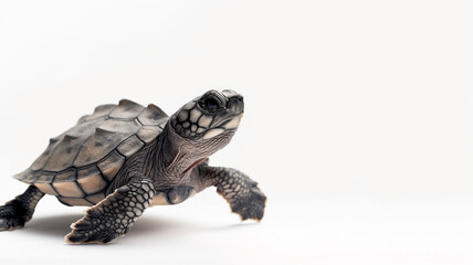 Juvenile turtle on a white background, detailed shell and skin texture visible. - obrazy, fototapety, plakaty