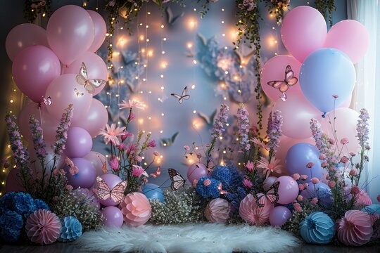 Backdrop for butterfly theme birthday party, lots of balloons and butterflies and twinkle lights and flowers in pink purple and white, border with lots and lots of balloons. Generative AI.
