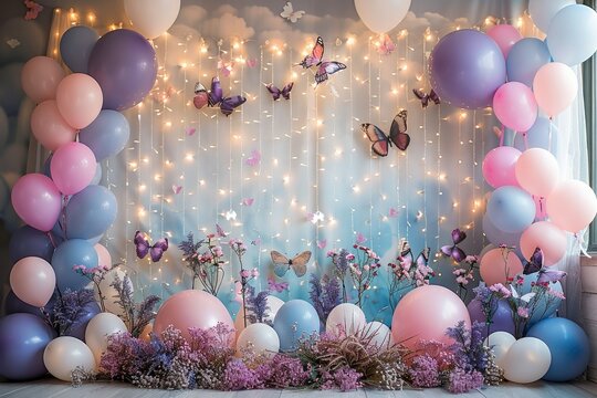 Backdrop for butterfly theme birthday party, lots of balloons and butterflies and twinkle lights and flowers in pink purple and white, border with lots and lots of balloons. Generative AI.