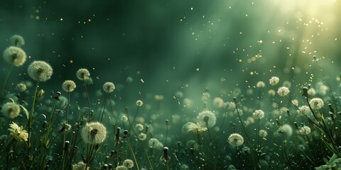 Dreamy dandelion field with wisps taking flight in a synchronized rhythmic dispersion - obrazy, fototapety, plakaty