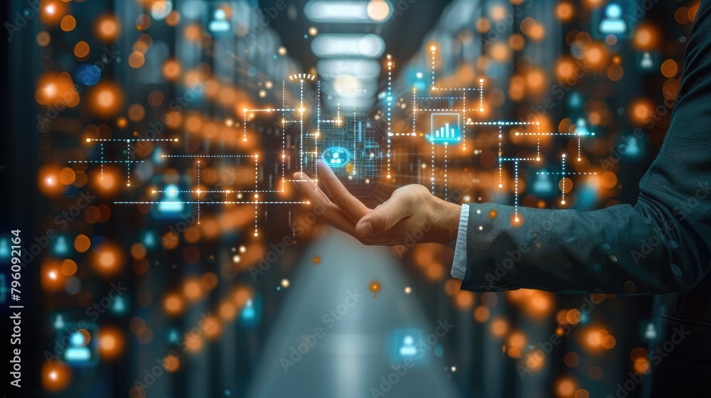 Aufkleber Businessman hand-holding database management icons with efficiency, security, and network connection. Strategically navigating the growth of data-driven decisions. Generative AI.