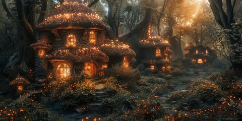 Meandering meadow brook lined with whimsical toadstool houses and fairy pixie villages - obrazy, fototapety, plakaty