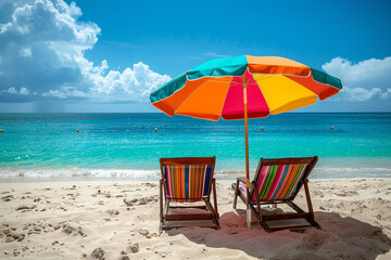 Pair of vacant chairs shaded by colorful beach umbrella on sandy shore with scenic azure ocean in distance