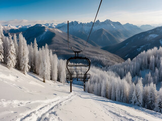 Empty the ski lift cabin over the snow-capped mountain and forest—ski or skiing background. It is a beautiful natural landscape. Panorama view. Winter vacation, resort - obrazy, fototapety, plakaty